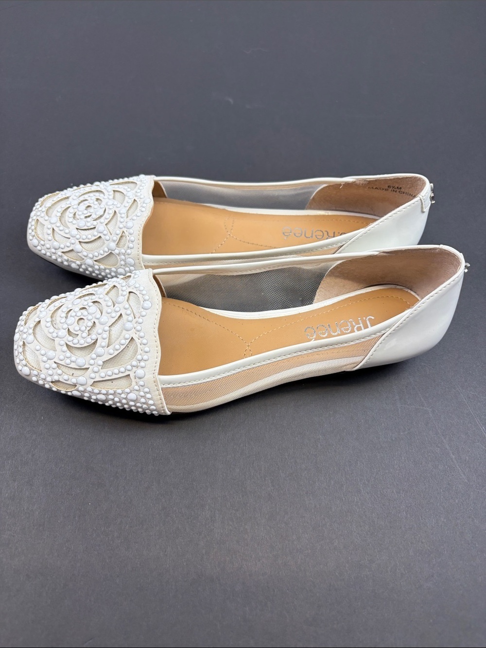 J.RENEE IVORY PEARL FLORAL MESH FLATS BRIDAL WEDDING DRESS SHOES SIZE 6.5 - Picture 5 of 8